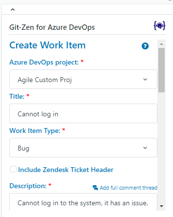 The Create Work Item window for Azure DevOps