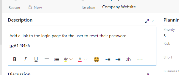 A reference tag in an Azure DevOps work item description