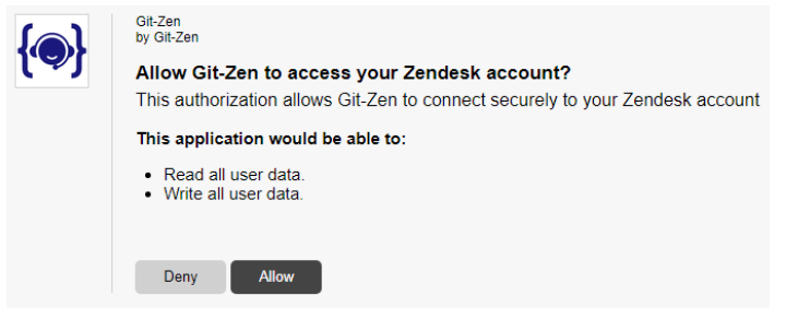 The Zendesk authorization window