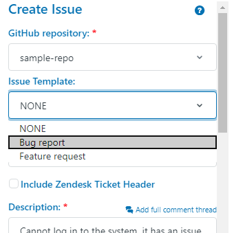 The issue template drop-down