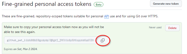 The generated GitHub token with a copy button
