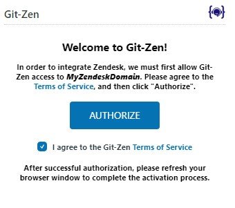 The Git-Zen authorization prompt in the Zendesk sidebar