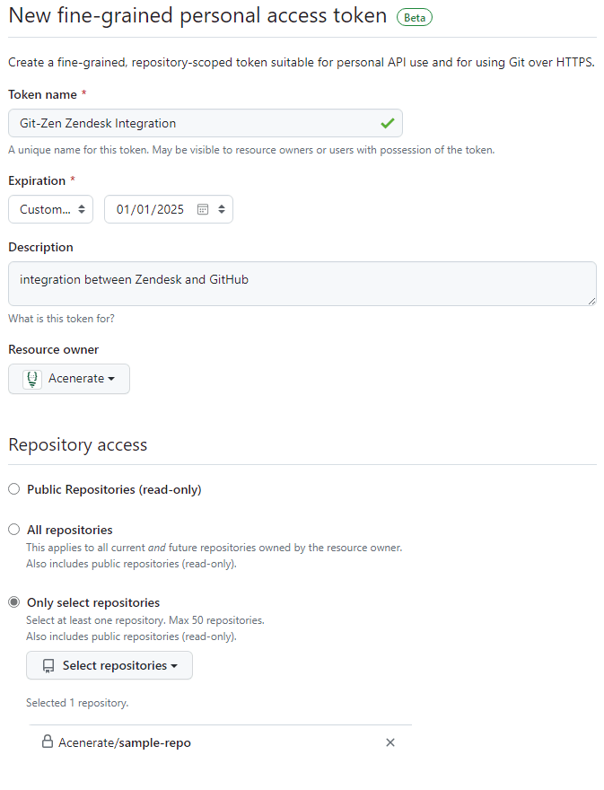 Selecting repositories for the token