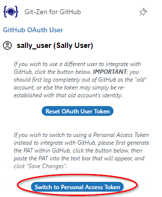 The OAuth user section with the personal access token option (GitHub shown)