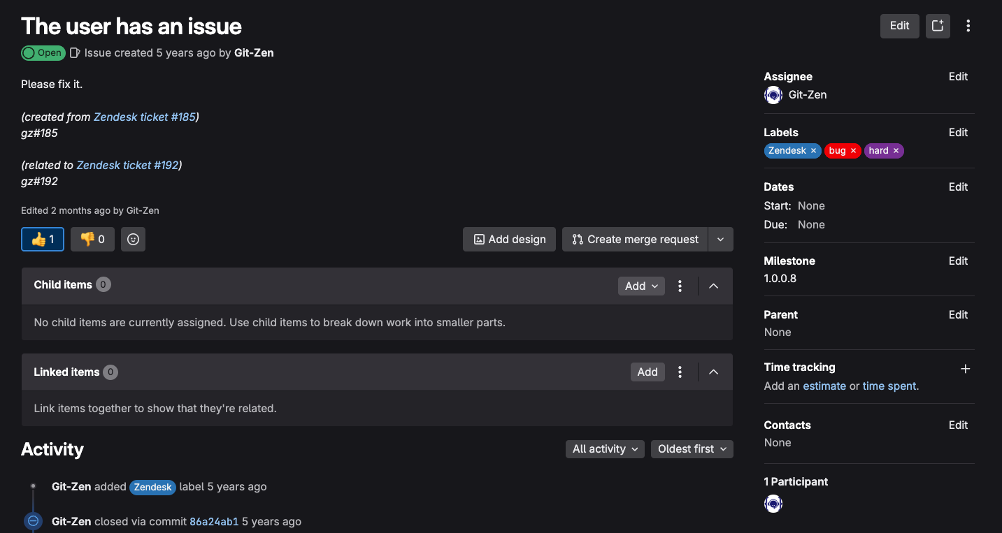 GitLab and Zendesk Integration Interface showing issue synchronization