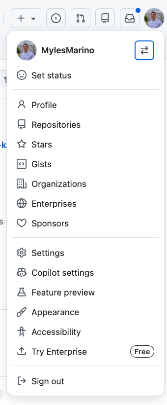 GitHub profile dropdown showing the Settings menu item