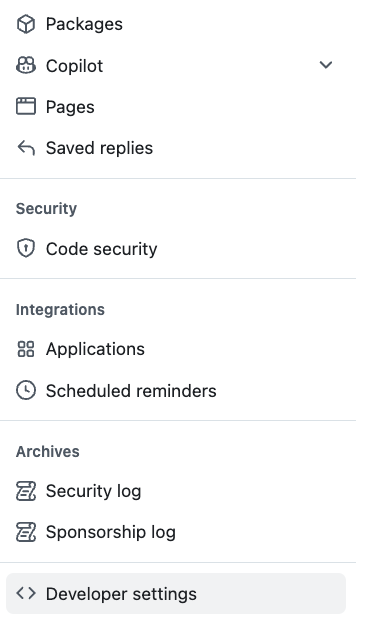 GitHub Settings sidebar scrolled to Developer settings