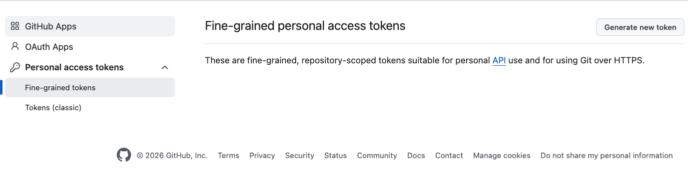 Personal access tokens screen with Fine-grained and Classic token options