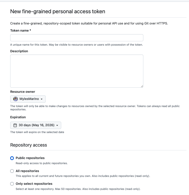 New token configuration form with name, expiration, and permissions fields