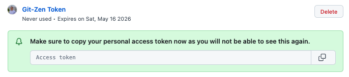 Generated token shown with a copy-to-clipboard button